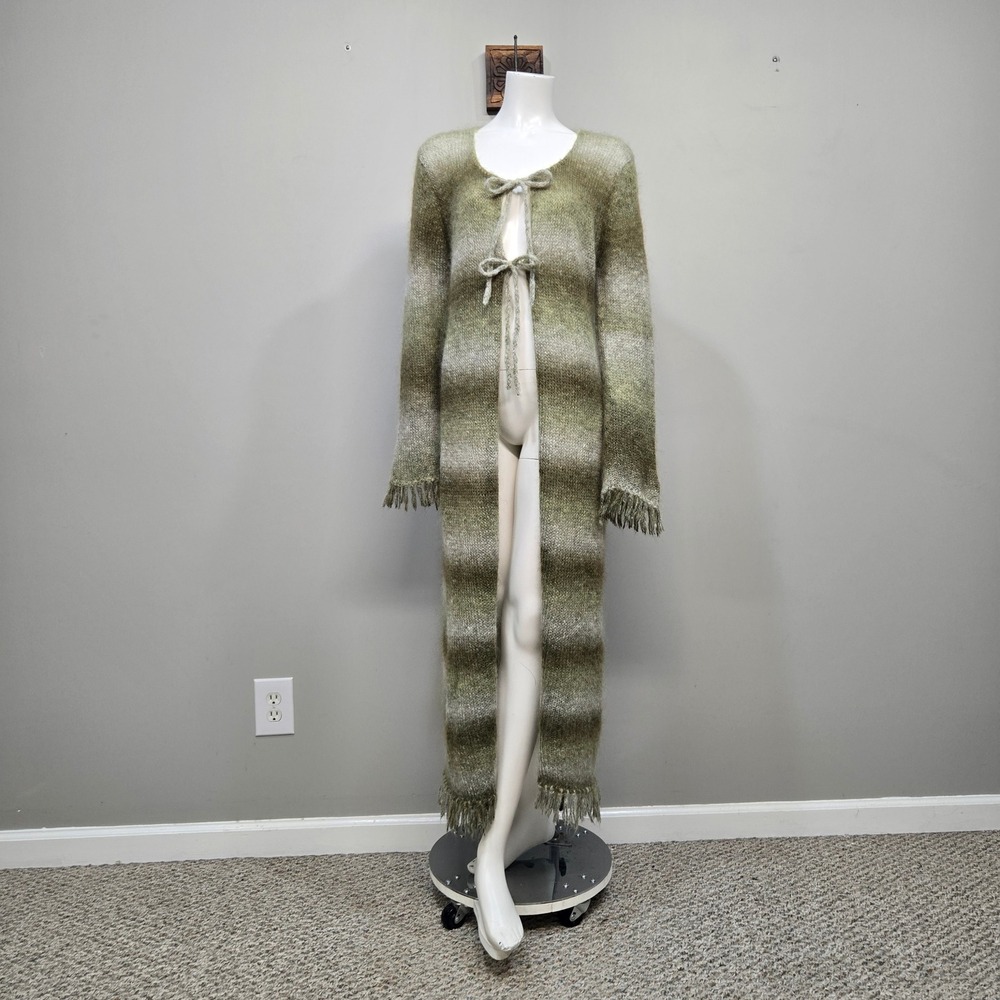 Twiggy Mohair Cardigan Sweater Large Green Stripe Fuzzy Fringe Duster Whimsigoth